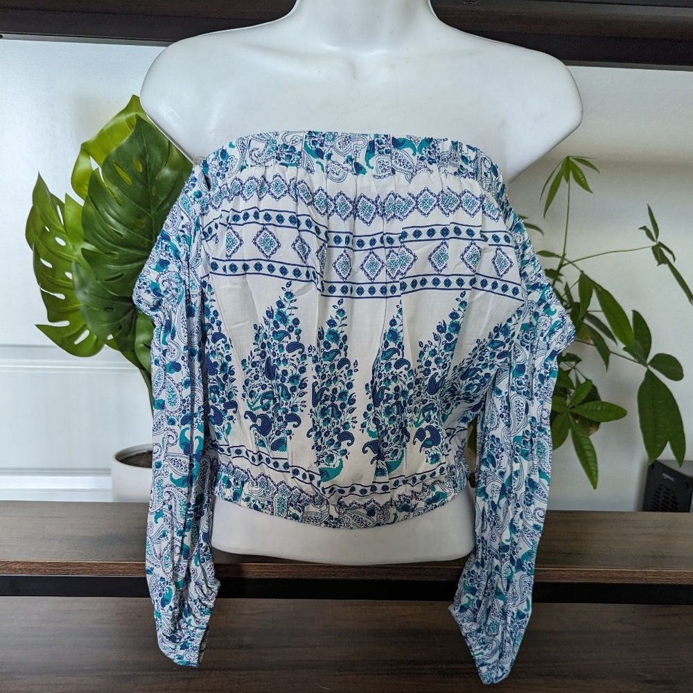 Smocked Blouse w/ Off-Shoulder Long Sleeves